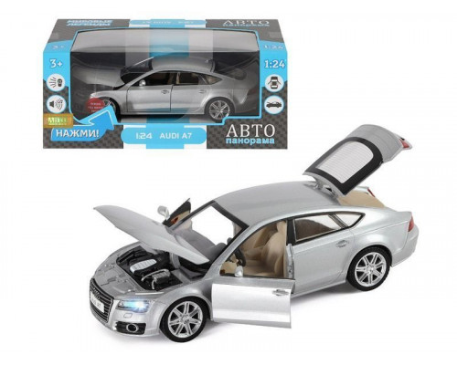 Машина АВТОПАНОРАМА Audi A7, серебряный, 1/24, свет, звук, в/к 24,5*12,5*10,5 см