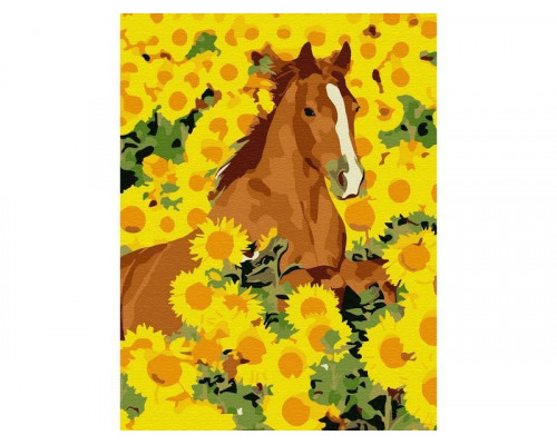 Картина по номерам 15х20 ЛОШАДЬ В ПОДСОЛНУХАХ (13 цветов)