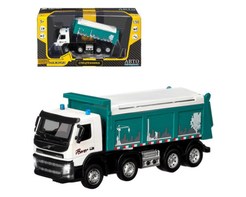 Машина АВТОПАНОРАМА Volvo самосвал, зеленый, 1/50, свет, звук, в/к 28*14*10 см