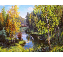 Картина мозаикой с нанесенной рамкой 40х50 ПРИЩЕПА. ГУСИ В ДЕРЕВНЕ (33 цвета)