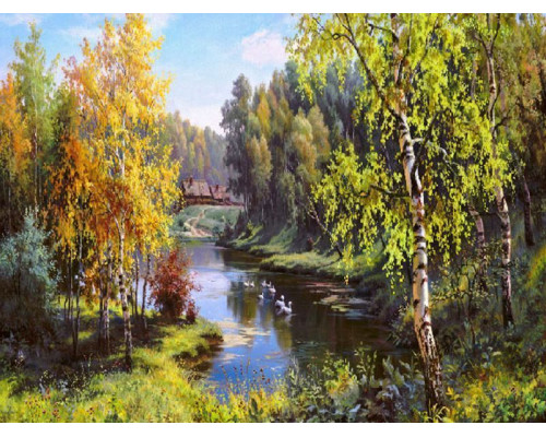 Картина мозаикой с нанесенной рамкой 40х50 ПРИЩЕПА. ГУСИ В ДЕРЕВНЕ (33 цвета)