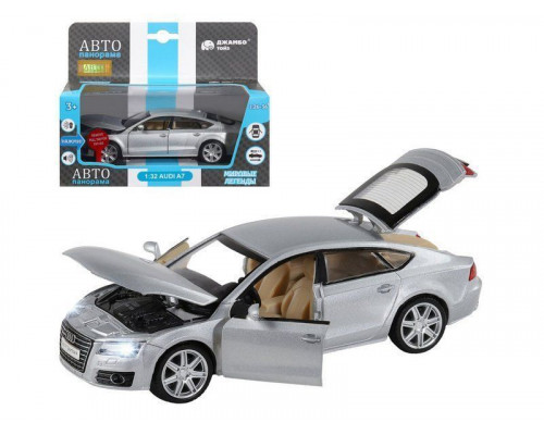 Машина АВТОПАНОРАМА Audi A7, серебряный, 1/32, свет, звук, инерция, в/к 17,5*13,5*9 см