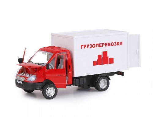 Машина АВТОПАНОРАМА ГАЗель-бизнес Грузоперевозки, красный, 1/28, свет, звук, в/к 24*14*12