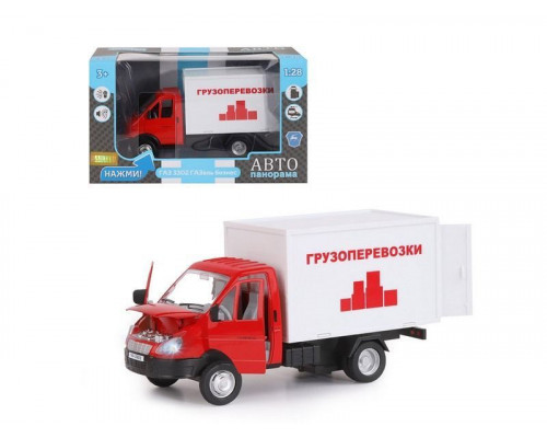 Машина АВТОПАНОРАМА ГАЗель-бизнес Грузоперевозки, красный, 1/28, свет, звук, в/к 24*14*12