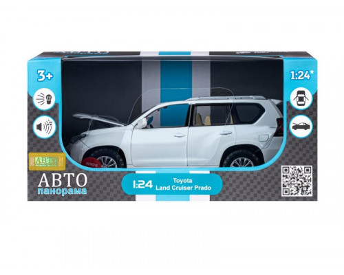 Машина АВТОПАНОРАМА Land Cruiser Prado, 1/24, белый, свет, звук, в/к 24,5х12,5х10,5 см