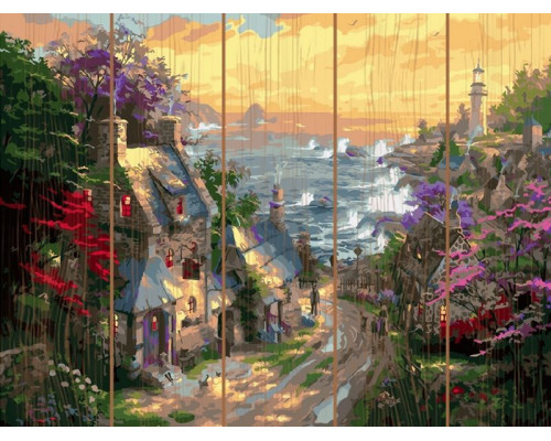 Картина по номерам на дереве 40х50 ДЕРЕВНЯ У БЕРЕГА МОРЯ (28 цветов)