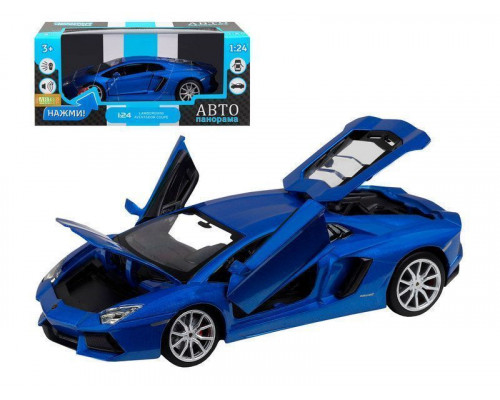 Машина АВТОПАНОРАМА Lamborghini Aventador Coupé, 1/24, синий, свет, звук, в/к 24,5*12,5*10,5 см
