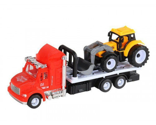 Машина AUTODRIVE Автовоз инерционная красная с трактором, в/п 28,4*7,5*22,5см