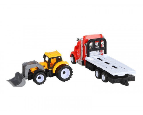 Машина AUTODRIVE Автовоз инерционная красная с трактором, в/п 28,4*7,5*22,5см