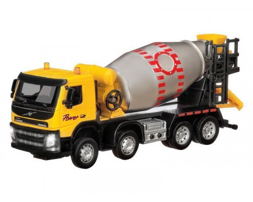 Машина АВТОПАНОРАМА Volvo бетономешалка, желтый, 1/50, свет, звук, в/к 28*14*10 см