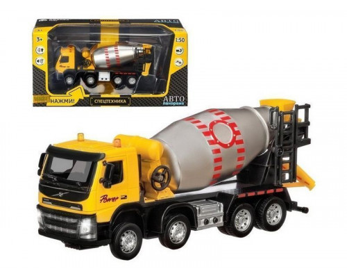 Машина АВТОПАНОРАМА Volvo бетономешалка, желтый, 1/50, свет, звук, в/к 28*14*10 см