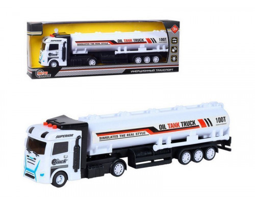 Машина AUTODRIVE Бензовоз фрикционный со светом и звуком, белый, в/к 35*6,5*12 см