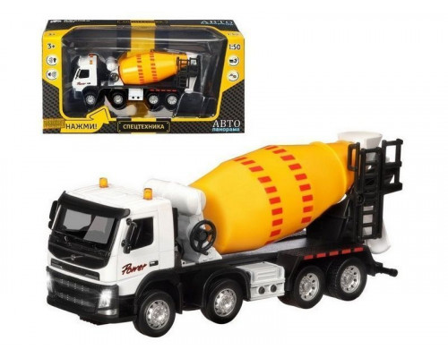 Машина АВТОПАНОРАМА Volvo бетономешалка, белый, 1/50, свет, звук, в/к 28*14*10 см