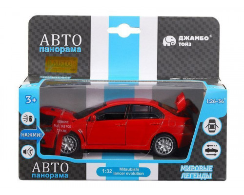 Машина АВТОПАНОРАМА Mitsubishi Lancer Evolution, 1/32, красный, свет, звук, в/к 17,5*12,5*6,5 см