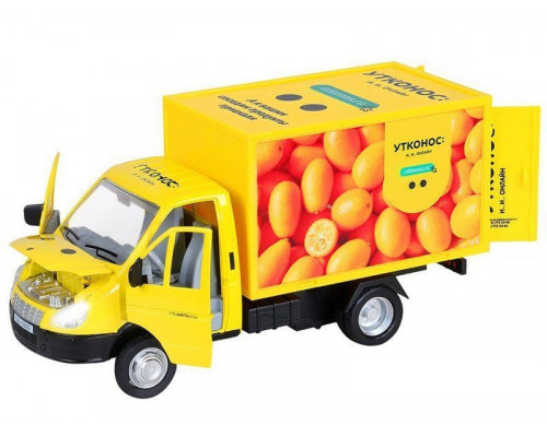 Машина АВТОПАНОРАМА ГАЗель-бизнес Утконос Кумкват, 1/28, желтый, свет, звук, в/к 24*14*12 см