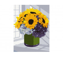 Картина по номерам 15х20 БУКЕТ ПОДСОЛНУХОВ С ГОРТЕНЗИЕЙ (13 цветов)