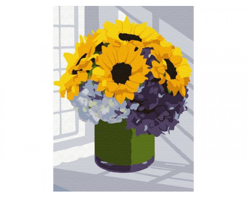 Картина по номерам 15х20 БУКЕТ ПОДСОЛНУХОВ С ГОРТЕНЗИЕЙ (13 цветов)