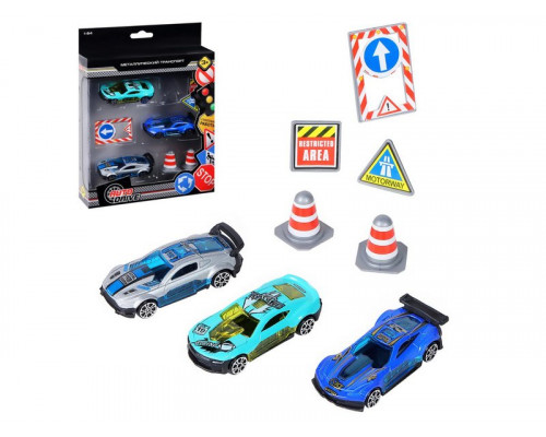 Набор металлических машинок AUTODRIVE JB0403989, Гоночные машины 3шт с дор. знаками в/к 23*17,5*4см