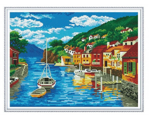 Алмазная мозаика с нанесенной рамкой 40х50 ГОРОДОК НА ЗАЛИВЕ (28 цветов)