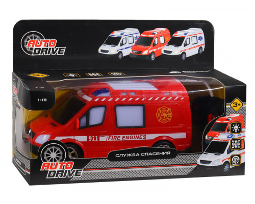 Радиоуправляемая машина AUTODRIVE Пожарная, 1/18, красный, 27MHz, свет, в/к, 28*11*19,2см (Рус)