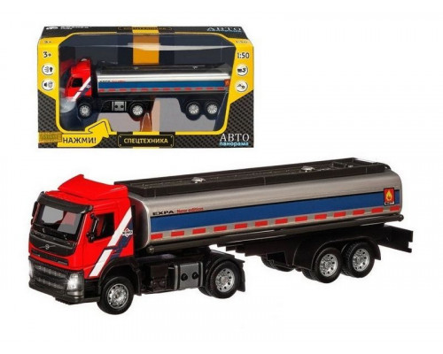 Машина АВТОПАНОРАМА Volvo бензовоз, красный, 1/50, свет, звук, в/к 28*14*10 см