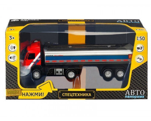 Машина АВТОПАНОРАМА Volvo бензовоз, красный, 1/50, свет, звук, в/к 28*14*10 см
