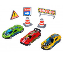 Набор металлических машинок AUTODRIVE JB0403990, Гоночные машины 3шт с дор. знаками в/к 23*17,5*4см