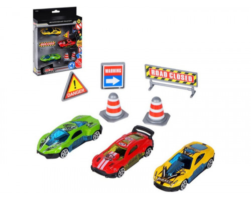 Набор металлических машинок AUTODRIVE JB0403990, Гоночные машины 3шт с дор. знаками в/к 23*17,5*4см