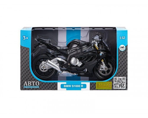 Мотоцикл АВТОПАНОРАМА BMW S1000R, 1/12, металл, черный, свободный ход колес