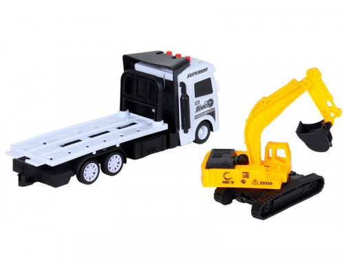 Машина AUTODRIVE Автовоз фрикционный белый, с экскаватором  со светом и звуком, в/к 23,5*7*11 см