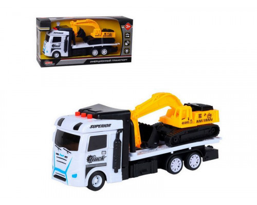 Машина AUTODRIVE Автовоз фрикционный белый, с экскаватором  со светом и звуком, в/к 23,5*7*11 см