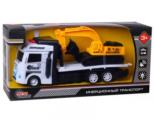 Машина AUTODRIVE Автовоз фрикционный белый, с экскаватором  со светом и звуком, в/к 23,5*7*11 см