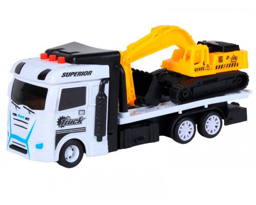 Машина AUTODRIVE Автовоз фрикционный белый, с экскаватором  со светом и звуком, в/к 23,5*7*11 см