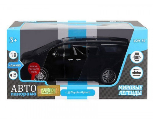 Машина АВТОПАНОРАМА Toyota Alphard, 1/29, черный, откр. двери, свет, звук, в/к 20*10*11 см