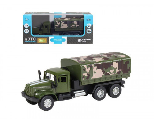 Машина АВТОПАНОРАМА Грузовик, 1/32, хаки зеленый, свет, звук, инерция, в/к 24*8*10 см