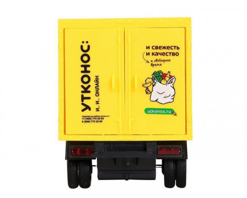 Машина АВТОПАНОРАМА ГАЗель-бизнес Утконос Клубника, 1/28, желтый, свет, звук, в/к 24*14*12 см