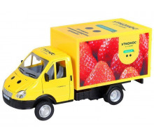 Машина "АВТОПАНОРАМА" ГАЗель-бизнес Утконос "Клубника", 1/28, желтый, свет, звук, в/к 24*14*12 см