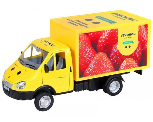 Машина АВТОПАНОРАМА ГАЗель-бизнес Утконос Клубника, 1/28, желтый, свет, звук, в/к 24*14*12 см