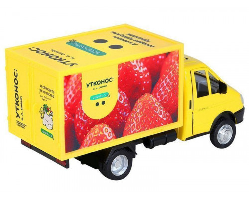 Машина АВТОПАНОРАМА ГАЗель-бизнес Утконос Клубника, 1/28, желтый, свет, звук, в/к 24*14*12 см