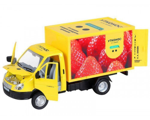 Машина АВТОПАНОРАМА ГАЗель-бизнес Утконос Клубника, 1/28, желтый, свет, звук, в/к 24*14*12 см