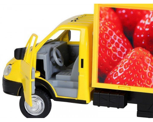 Машина АВТОПАНОРАМА ГАЗель-бизнес Утконос Клубника, 1/28, желтый, свет, звук, в/к 24*14*12 см