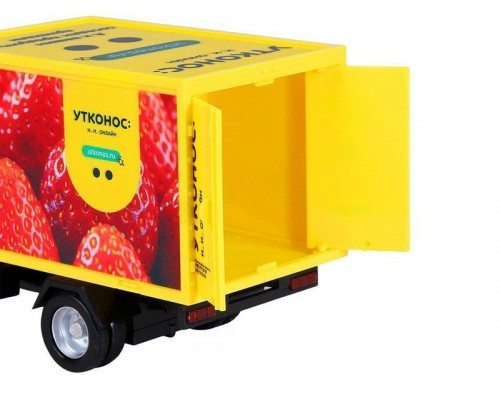 Машина АВТОПАНОРАМА ГАЗель-бизнес Утконос Клубника, 1/28, желтый, свет, звук, в/к 24*14*12 см