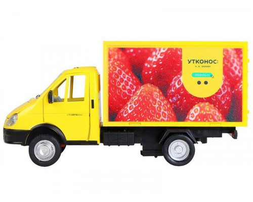 Машина АВТОПАНОРАМА ГАЗель-бизнес Утконос Клубника, 1/28, желтый, свет, звук, в/к 24*14*12 см