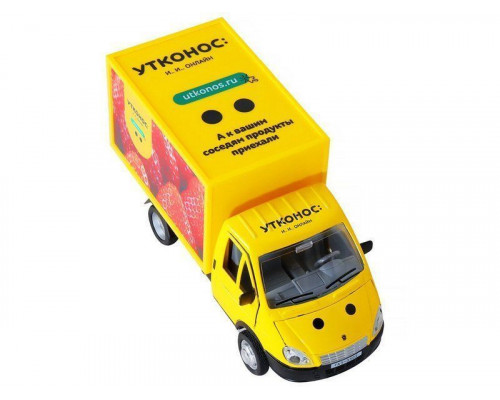Машина АВТОПАНОРАМА ГАЗель-бизнес Утконос Клубника, 1/28, желтый, свет, звук, в/к 24*14*12 см